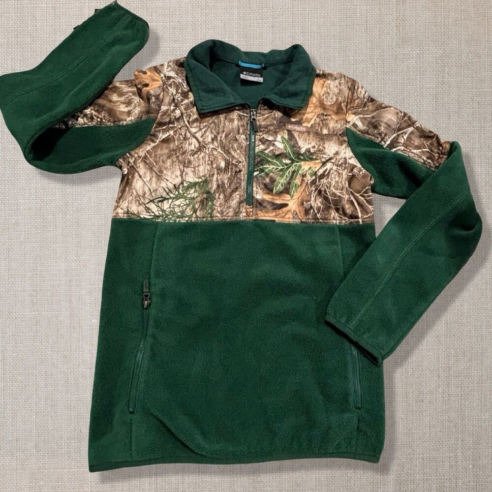 Columbia Kids Fleece Pullover Jacket Youth Large Green Camo Quarter Zip